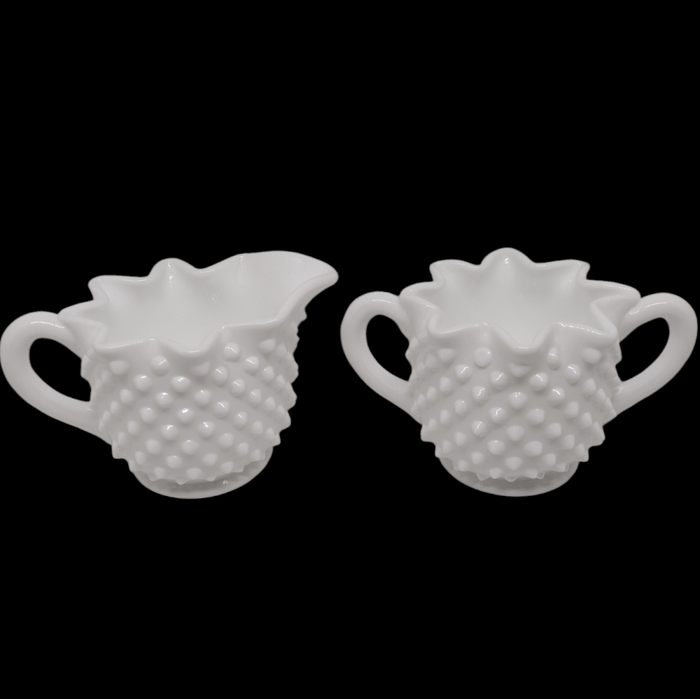 Vintage Fenton Hobnail Milk Glass Sugar Bowl and Creamer‎ Set